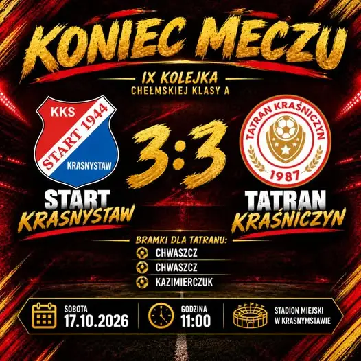 Tatran Kraśniczyn remisuje ze Startem Krasnystaw 3:3 i pozostaje niepokonany