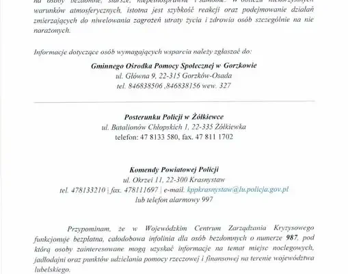 Gmina Gorzków apeluje o pomoc osobom bezdomnym i samotnym przed zimą