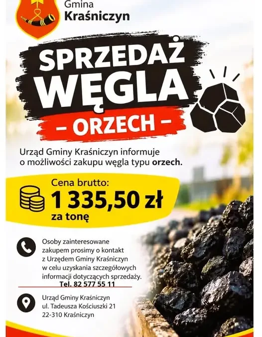 Gmina Kraśniczyn oferuje mieszkańcom zakup węgla typu orzech w cenie 1335,50 zł za tonę